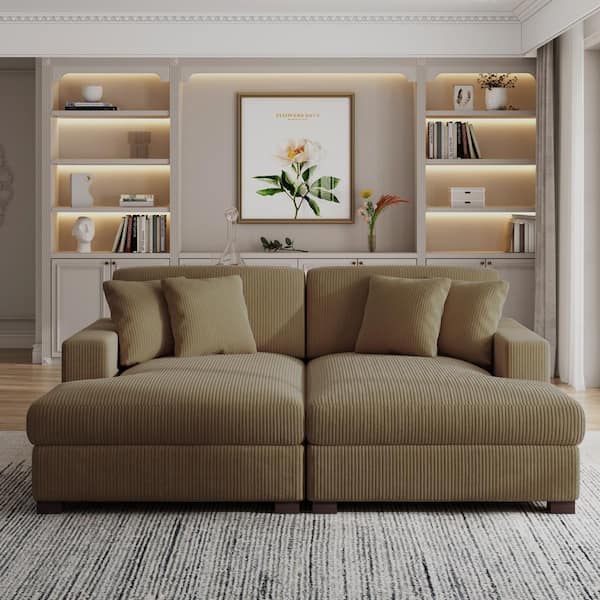 83 in. Square Arm Camel Corduroy Fabric Upholstered Sectional Sofa With Four Pillows And Wood Leg