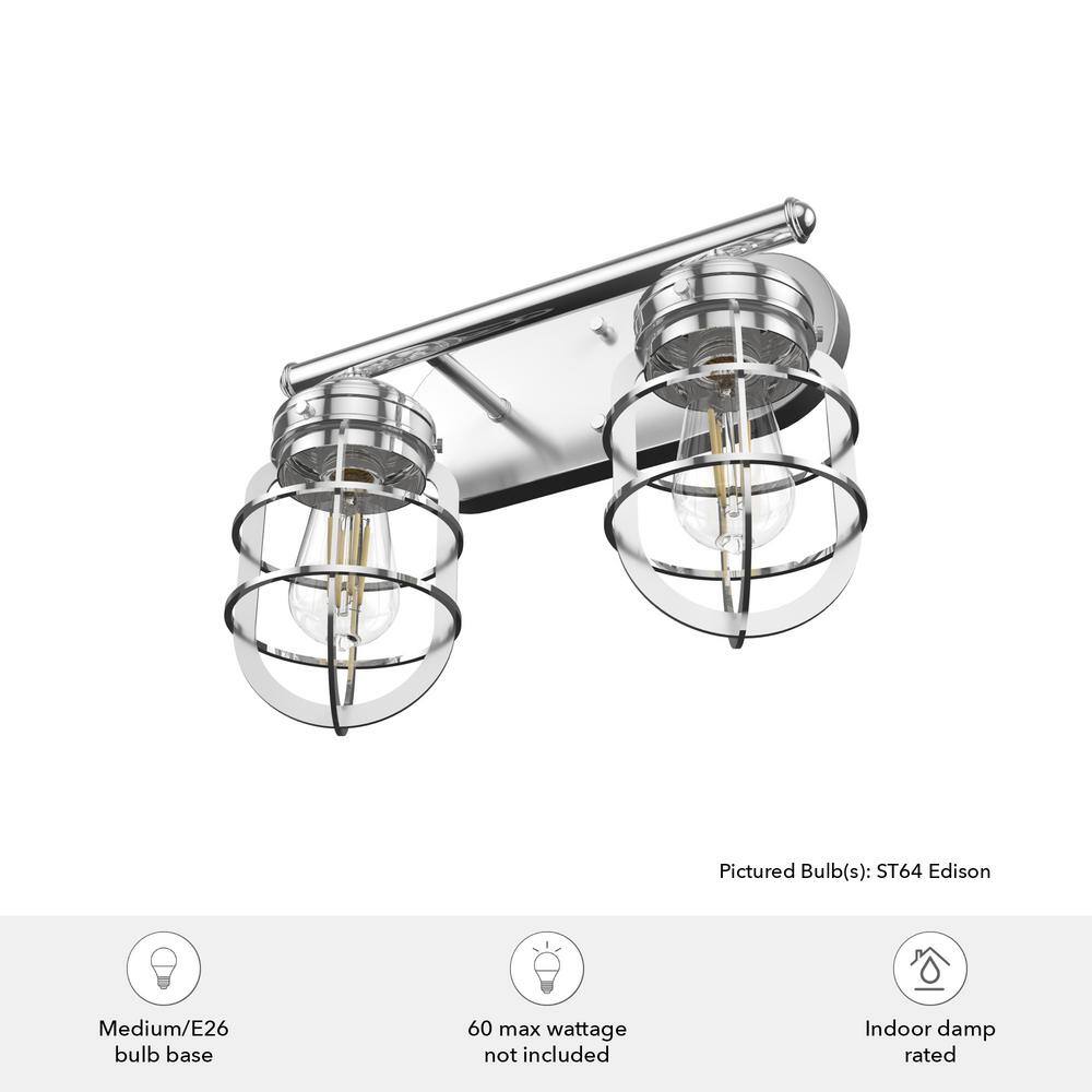 Chrome 2-Light Industrial Vanity Fixture with Caged Shades