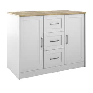 Brilliant White Wood 45.5 in. Traditional Kitchen Island with Butcher Block Top