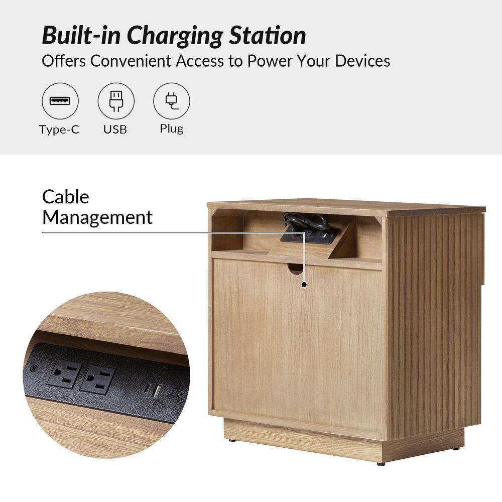 Rear and side view of an acorn nightstand showing the built-in charging station and cable management.