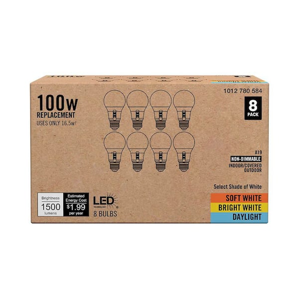 100-Watt Equivalent A19 Non-Dimmable LED Light Bulb with Selectable Color Temperature (8-Pack)