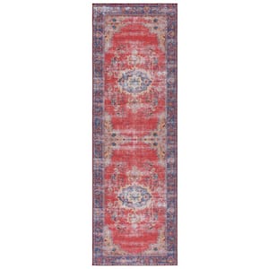 Tucson Red/Navy 3 ft. x 8 ft. Machine Washable Medallion Floral Distressed Runner Rug