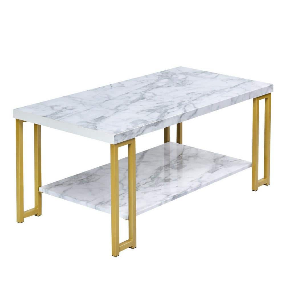 39.5 in. Gold Modern Coffee Table with Faux Marble Top