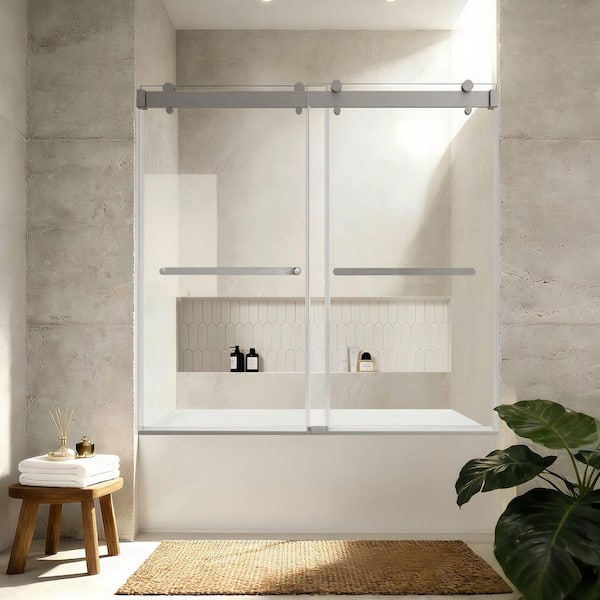 Aureum Series 60 in. W x 60 in. H Double Sliding Tub Door in Brushed Nickel with 3/8 in. Clear Glass