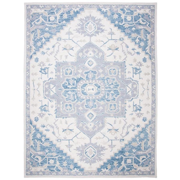 SAFAVIEH Micro-Loop Ivory/Navy 8 ft. x 10 ft. Floral Medallion Area Rug