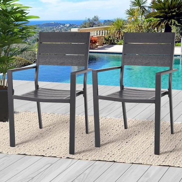 2-Pieces Aluminum Frame Outdoor Dining Chairs with Armrest for Garden, Backyard in Black