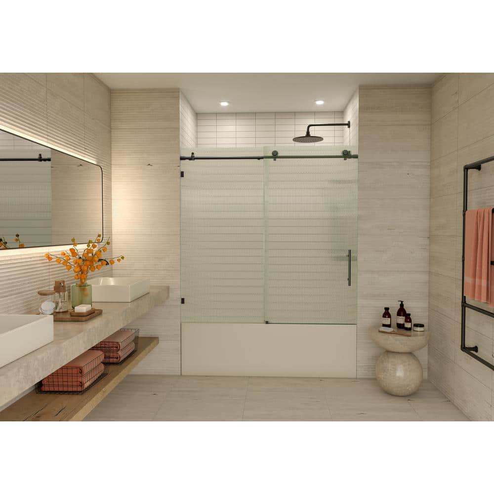 Galaxy 60" Matte Black Frameless Fluted Glass Sliding Bathtub Door
