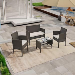 4 Pieces Outdoor Metal Furniture Set PE Patio Conversation Chairs Set Balcony with Cushion Guard and Table, Brown