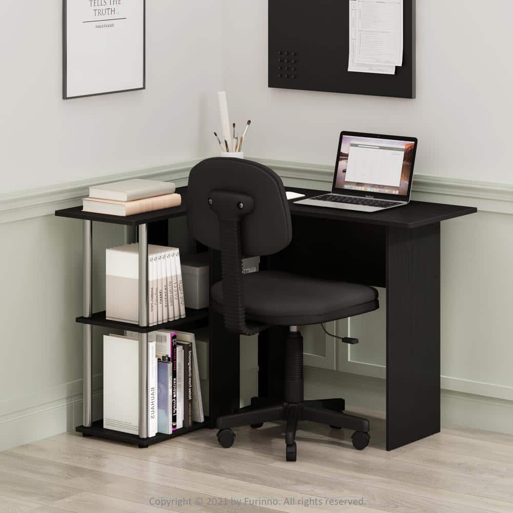 Americano and Chrome L-Shape Corner Writing Desk with Shelves