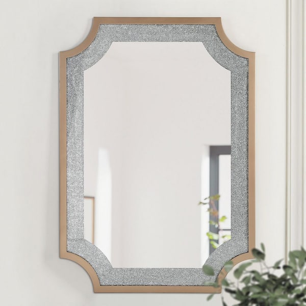 33.9 in. W x 47 in. H Gold Luxury Wall Mirror with Inset Corner Faux Crushed Diamond Frame Decorative Glam Mirror