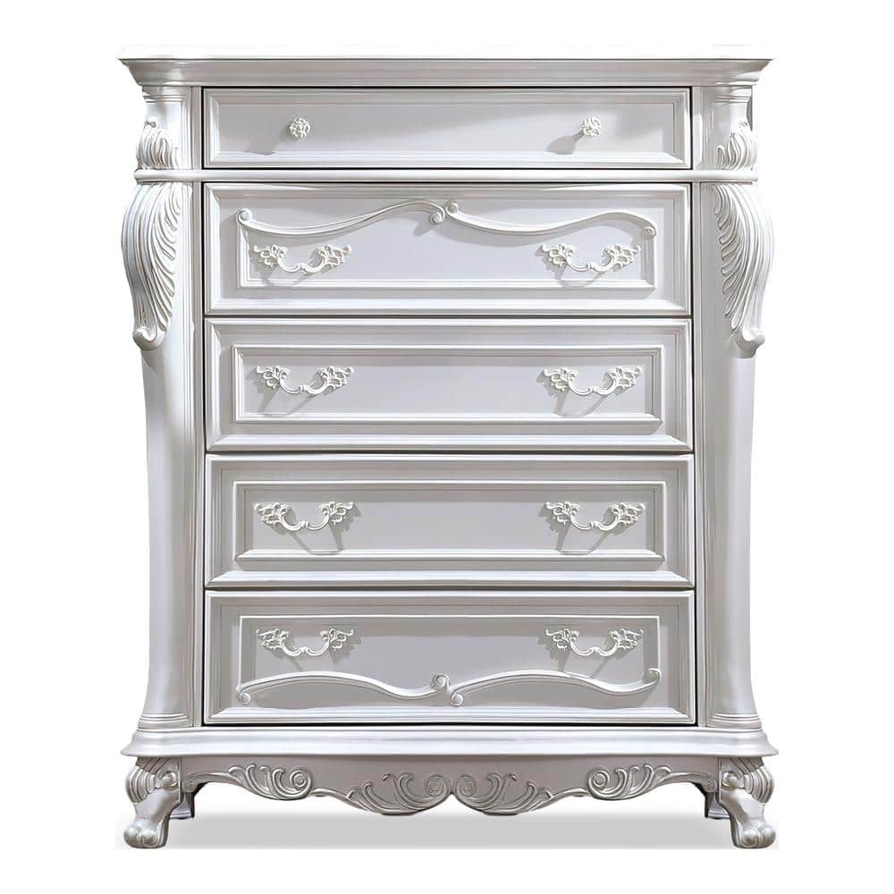 Feliciano White 5-Drawer 43 in. Chest of Drawers with Felt Lined Top Drawer and Carved Details