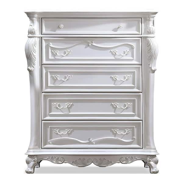 Feliciano White 5-Drawer 43 in. Chest of Drawers with Felt Lined Top Drawer and Carved Details