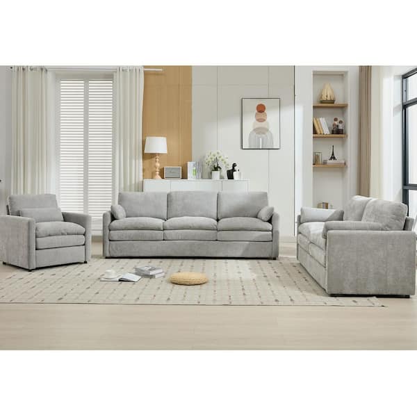 3-Piece Light Gray Chenille Living Room Set with Loveseat and Single Sofa