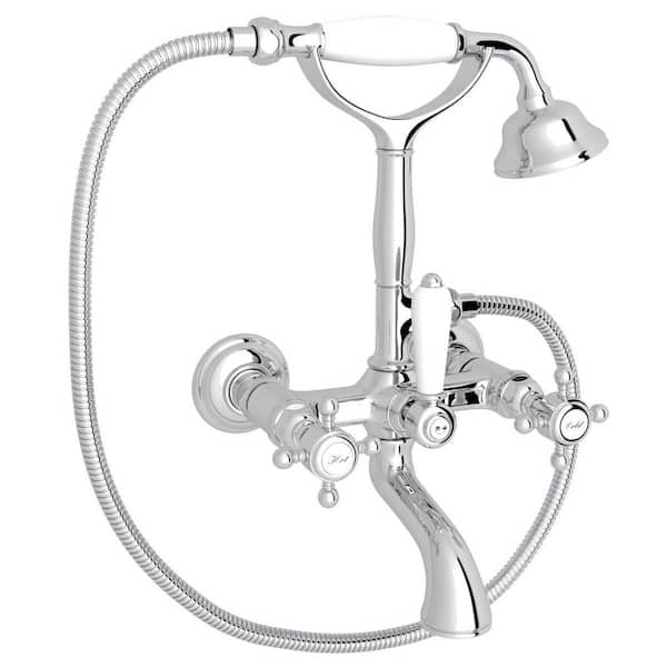 Acqui Triple Handle Wall Mount Roman Tub Faucet with Hand Shower in Polished Chrome