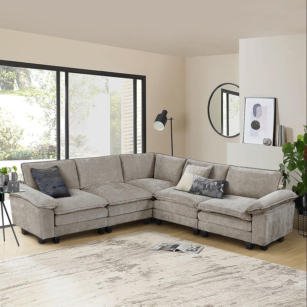 Bennett 110.5 in. W Pillow Top Arm 5-Piece Chenille Modular Sectional Sofa in Dark Pewter