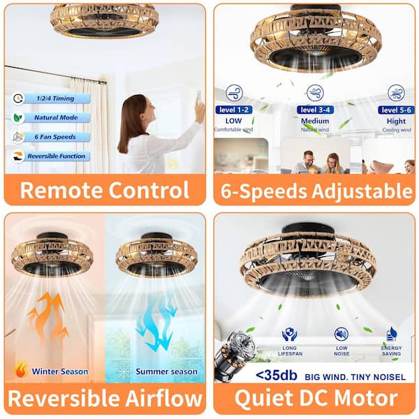 20 in. Vintage Rope Flush Mount Ceiling Fan with Light, Remote Control, 6-Speed Adjustable Airflow (Bulbs Not Included)