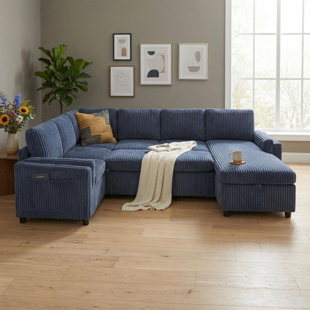 Hawthorne Modern 111 in. Corduroy Fabric Upholstered U-shaped Sectional Sofa in Blue, Pull Out Sofa Bed with USB Ports price history on PriceWatchPro
