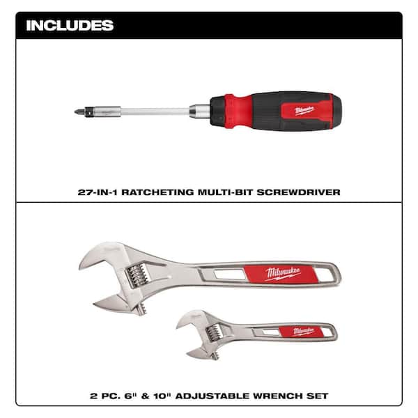 27-in-1 Ratcheting Multi-Bit Screwdriver and 2 Pc. 6" & 10" Adjustable Wrench Set