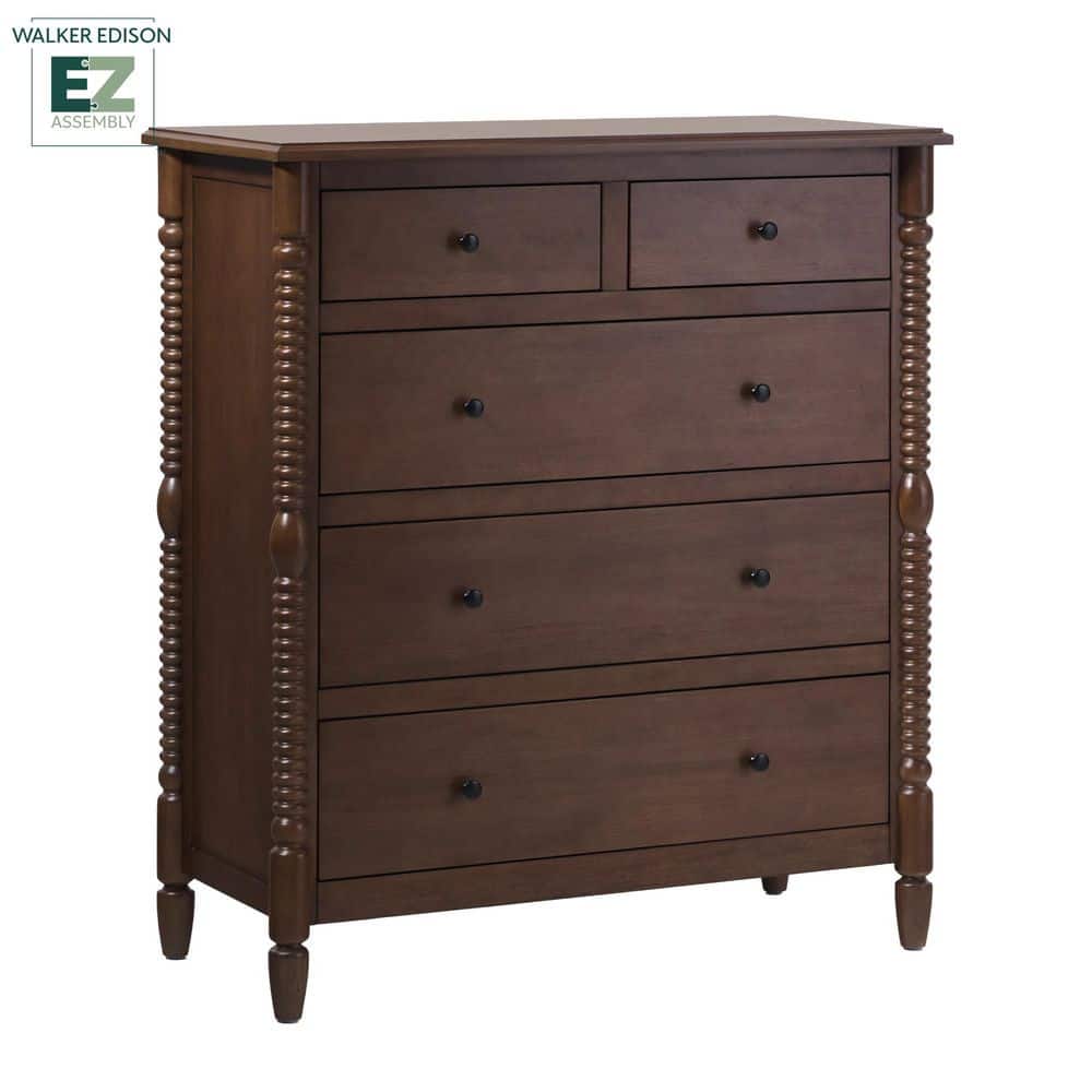 Walker Edison Furniture Company Modern Farmhouse Easy Assembly Dark Brown 5-Drawer 41.5 in. Solid Wood Spindle-Detailing Dresser