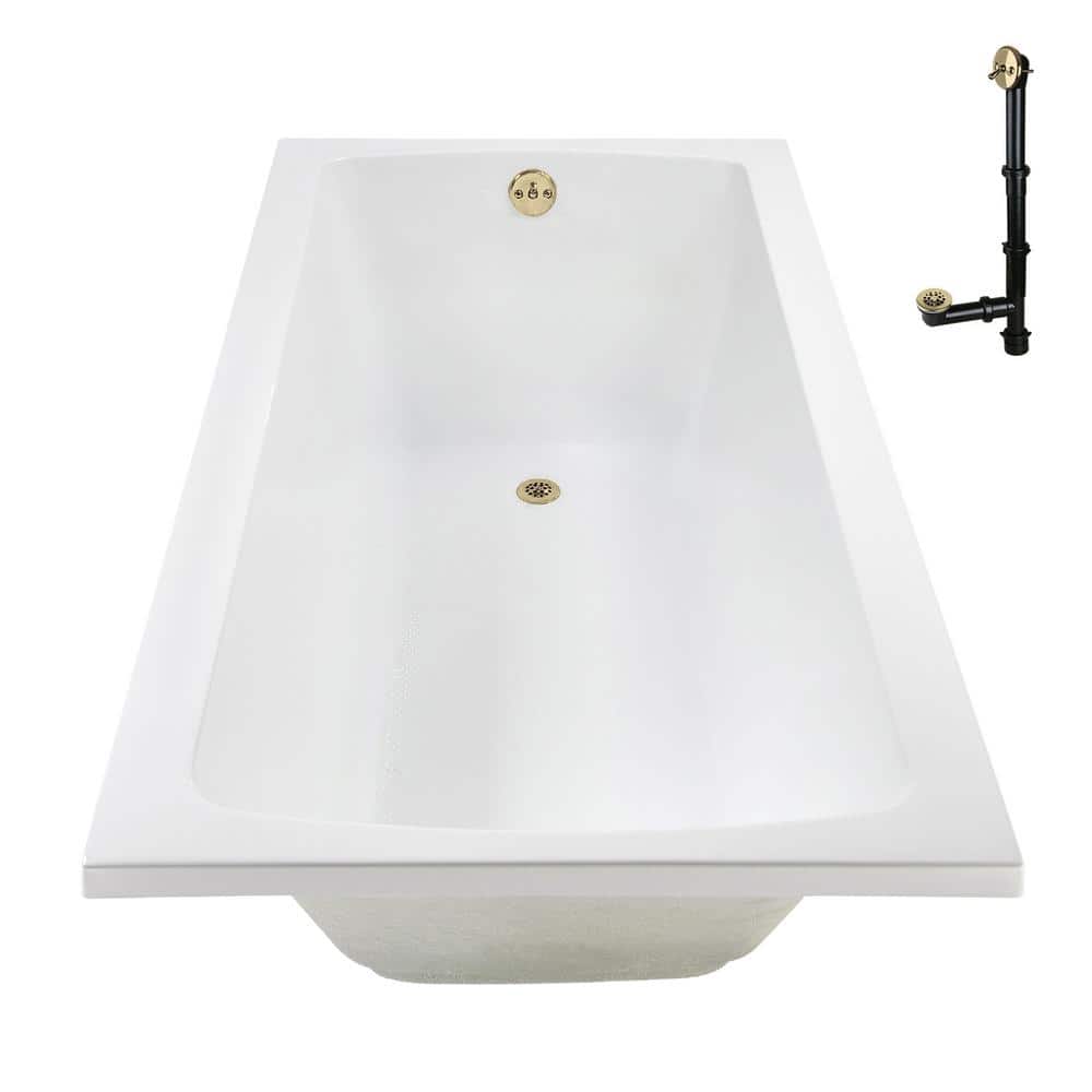 66" x 34" Glossy White Acrylic Soaking Drop-In Bathtub with Polished Brass Drain