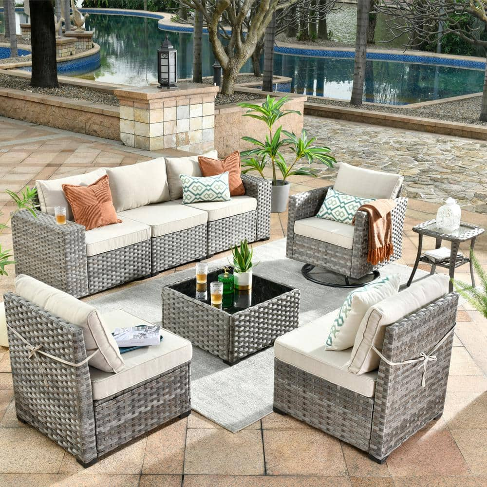 HOOOWOOO Tahoe Grey 8-Piece Wicker Wide Arm Outdoor Patio Conversation ...