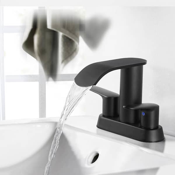 4 in. Centerset Double Handle Waterfall Bathroom Faucet with Drain Kit and Supply Lines Included in Matte Black
