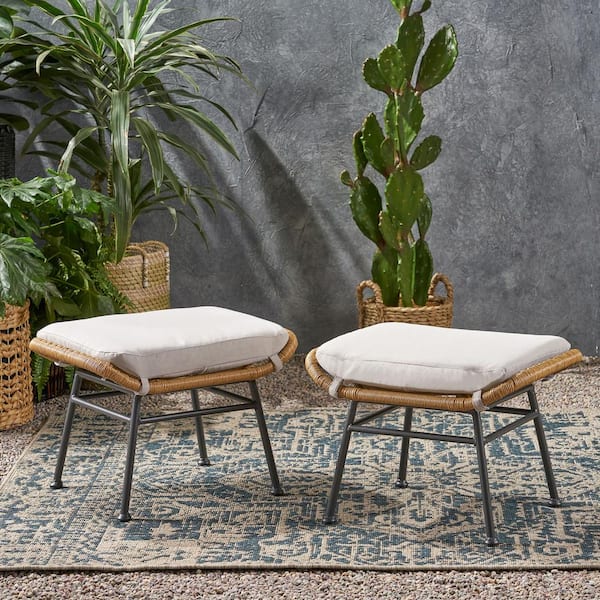 Unbranded Modern Boho Metal Outdoor Ottoman, Faux Rattan with Water-Resistant Beige Cushion Light Brown (2-Pack)