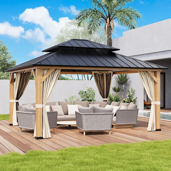 13 ft. x 15 ft. Double Roof Hardtop Wooden Patio Gazebo with Netting and Curtains