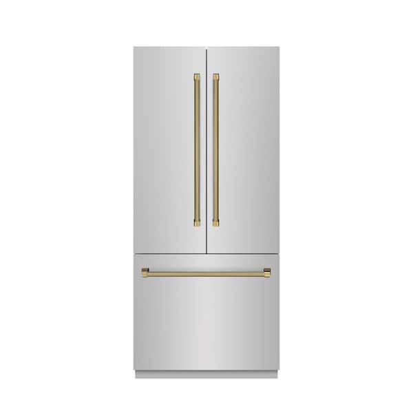Autograph 36 in. Gray Interior French Door Built-In Bottom Freezer 19.6 cu ft Refrigerator with Gold Helix Handles