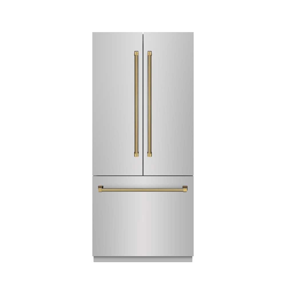 ZLINE Kitchen and Bath Autograph 36 in. Gray Interior French Door Built-In Bottom Freezer 19.6 cu ft Refrigerator with Gold Helix Handles
