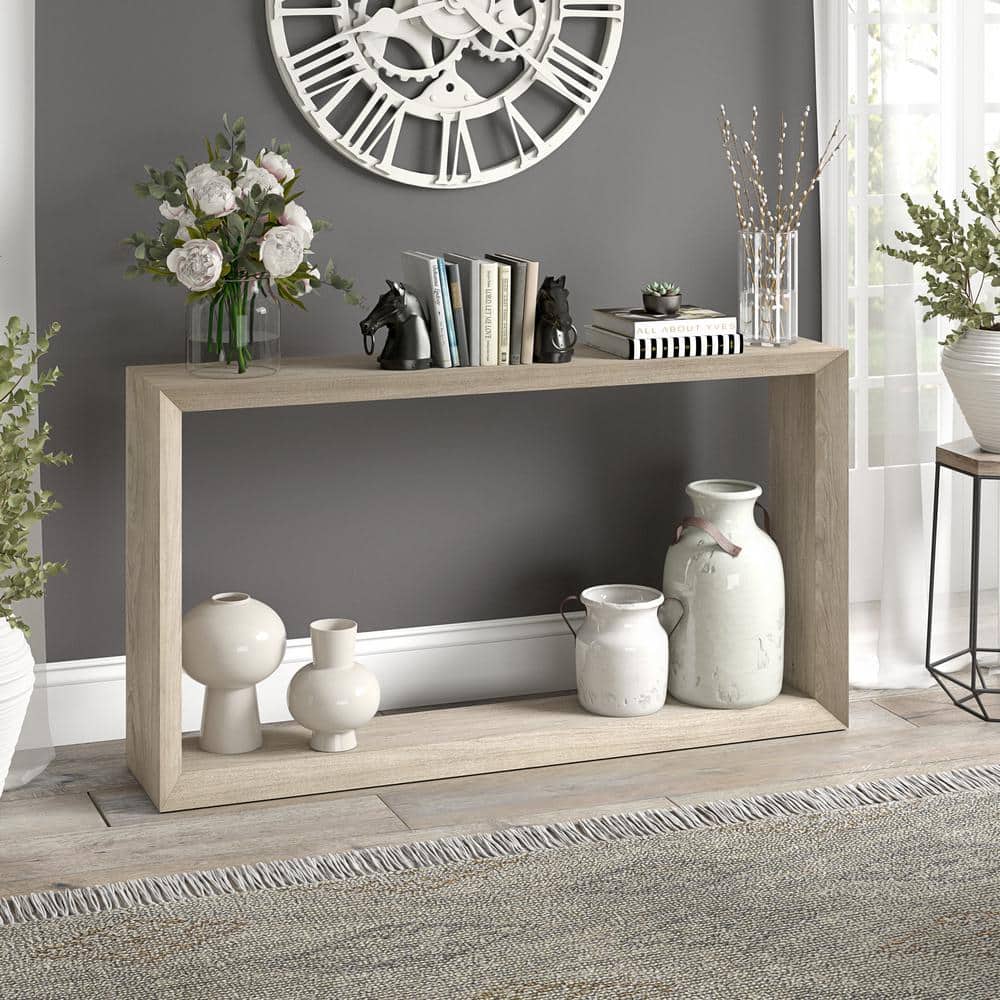 Antiqued Gray Oak 55" Rectangular Console Table with Storage