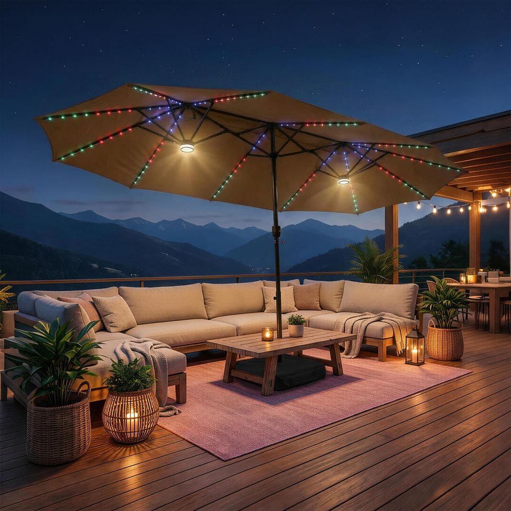 Clihome 15 ft. Solar Powered Double Head Patio Umbrella in Earthy