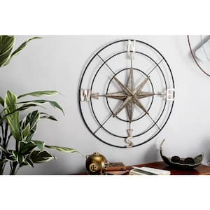 Metal Gray Indoor Outdoor Compass Wall Decor with Distressed Copper Like Finish