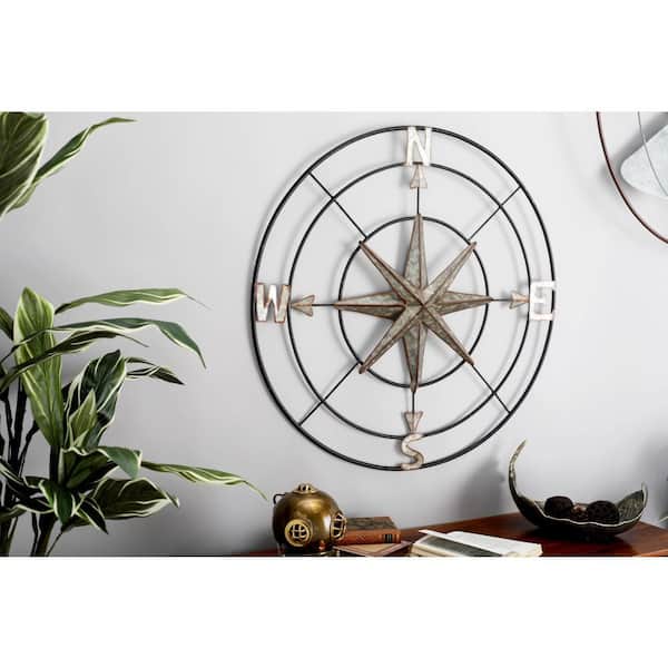 Litton Lane 32 in. x  32 in. Metal Gray Indoor Outdoor Compass Wall Decor with Distressed Copper Like Finish