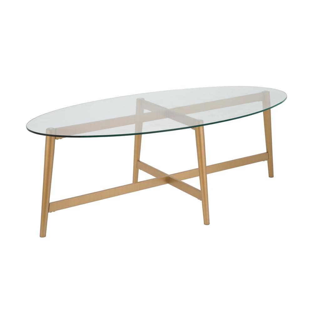 Elliptical Brass and Glass X-Base Coffee Table
