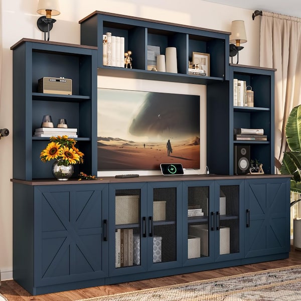 Sybil Blue Wood TV Console Fits TVs Up to 55 in. with Large Storage Cabinet and Charging Station