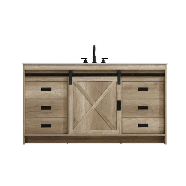 60 in. Single Sink Natural Oak Bath Vanity with White Engineered Marble Top