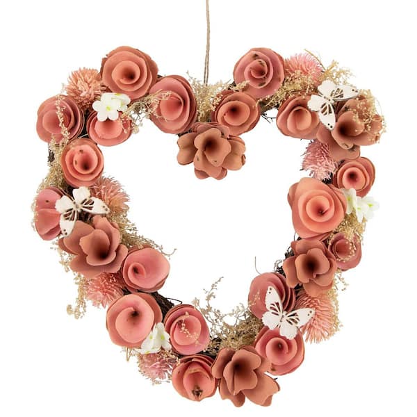 Northlight 10 in. Pink Wooden Rose Heart Spring Wreath with Butterflies