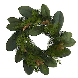 16 in. Magnolia Leaf and Mixed Pine Artificial Wreath with Pine Cones