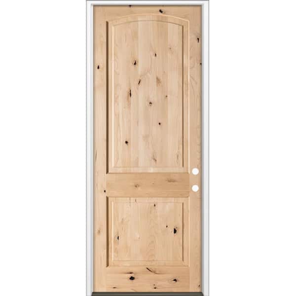 36 in. x 96 in. Rustic Knotty Alder 2-Panel Arch Top Left-Hand/Inswing Unfinished Wood Prehung Front Door