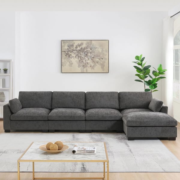 130 in. W Modern L-Shape Soft Chenille Sectional Sofa in Gray with Ottoman, Folding Table and Dual-Port Charging