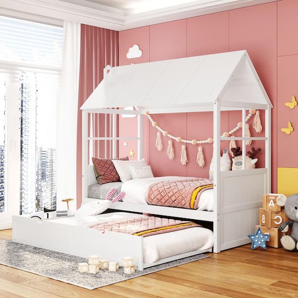 GODEER White Twin Size Wood House Bed with Twin Size Trundle, Wooden Daybed