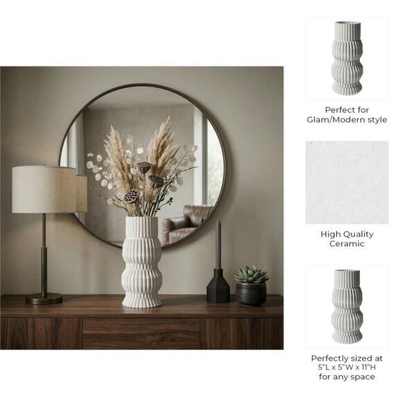 Liv & Skye 11 in. White Ceramic Freeform Cylinder Decorative Vase
