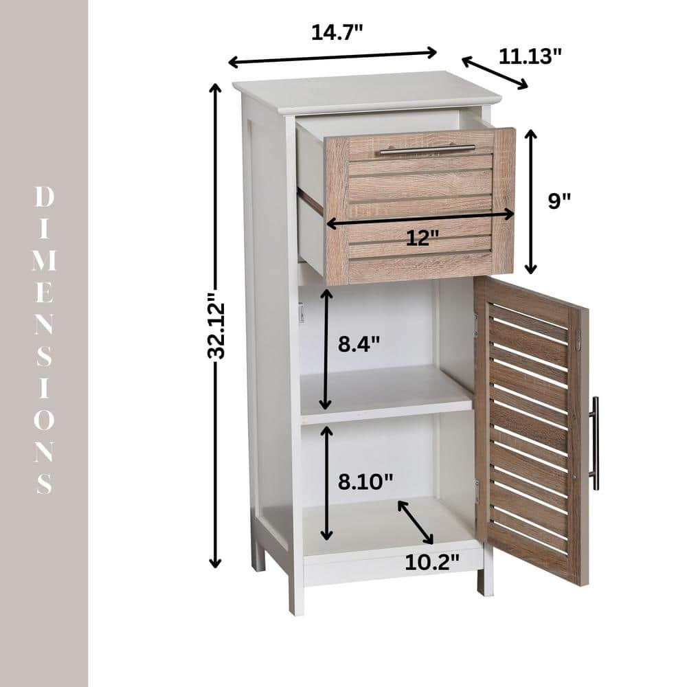 White and Oak Freestanding Bathroom Cabinet with Adjustable Shelving