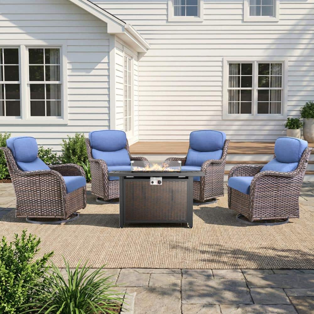 Smiley Brown Wicker 5-Piece Outdoor Fire Pit Table Patio Conversatoin Set with Swivel Glider and 5inch Blue Cushions price history on PriceWatchPro