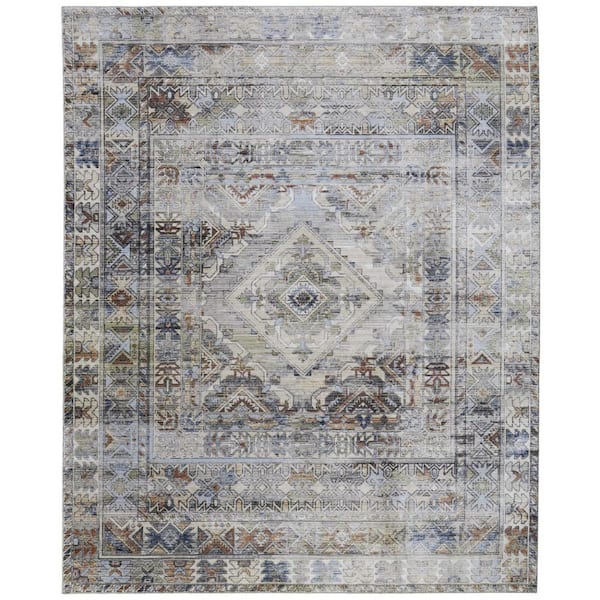 HomeRoots 8 ft. x 10 ft. Gray, Blue, Red Abstract Area Rug