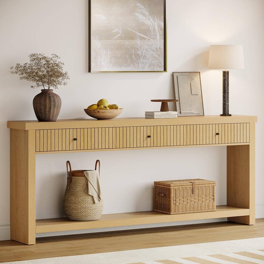 Oak Light Brown 70.9" Console Table with Drawers and Shelves