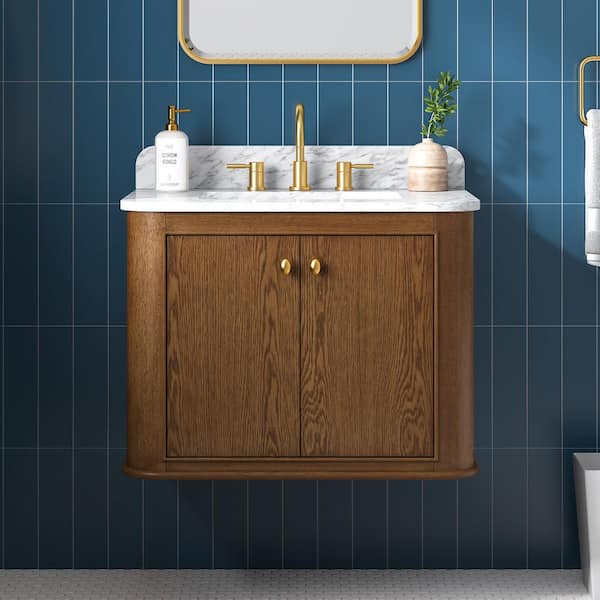 Collette 30 in W x 22 in D x 35 in H Single Sink Bath Vanity in Cinnamon Oak With White Carrara Marble Top