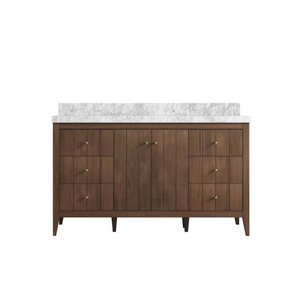 Atlanta Teak 60 in. W x 22 in. D x 36 in. H Single Sink Bath Vanity in Dark Natural with 2 in. Carrara Marble Top