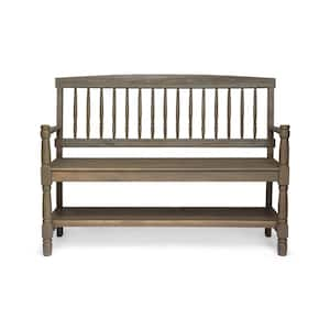 2-Person Gray Acacia Wood Outdoor Bench with Shelf